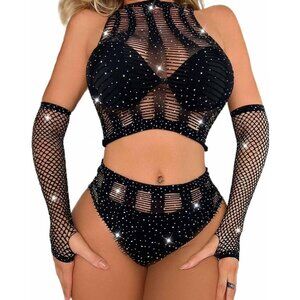 🆕 Women Black Sexy Mesh Rhinestone Dress Gloves Fishnet Halter Body Stocking